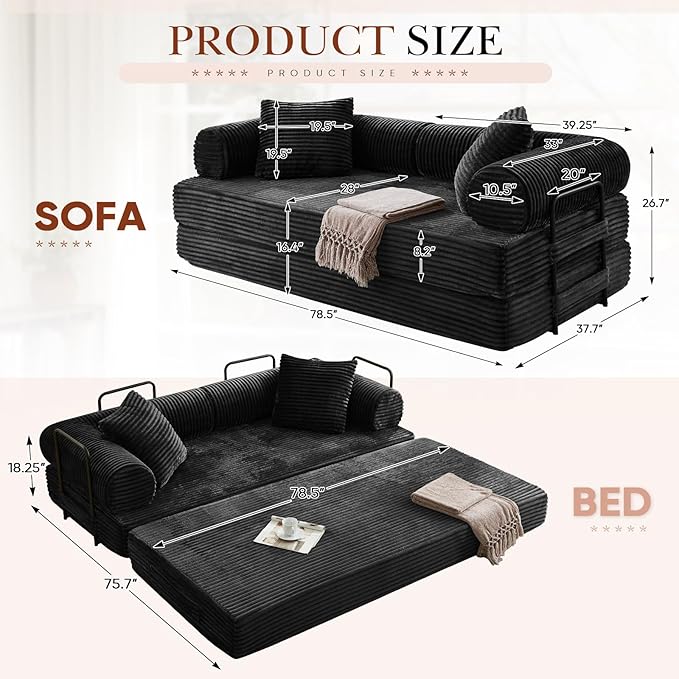 Modular Couch Bed Convertible Folding Plush Corduroy Comfy Floor Memory Foam Compression Loveseat Sleeper Sofa Couch King Size Bed for Guest Room Living Room Bedroom No Assembly Required Black
