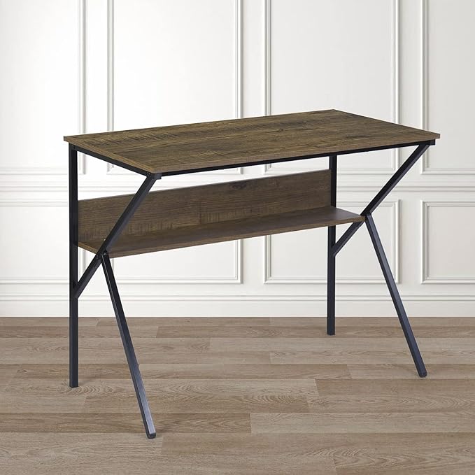 Homy Casa Industrial Computer Desk with Storage Shelf 39.4 Writing Table with X-Frame Metal Legs Retro Wood Grain Finish Home Office Workstation