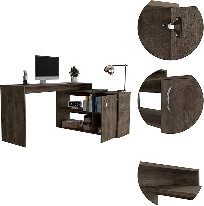 Dark Brown L-Shaped Writing Desk with 2 Shelves - Modern Home Office Design