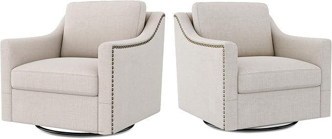 Swivel Accent Chair Set of 2 Modern Comfy Linen Upholstered Barrel Armchair with Nailhead Decor and Metal Base Soft Oversized Round Chair for Living Room Bedroom Club (2 Beige)