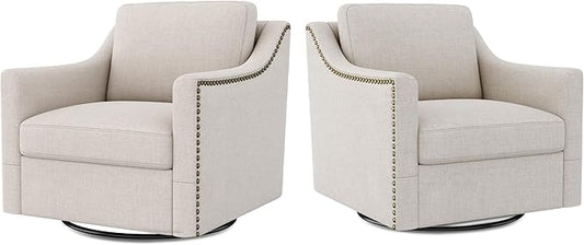 Swivel Accent Chair Set of 2 Modern Comfy Linen Upholstered Barrel Armchair with Nailhead Decor and Metal Base Soft Oversized Round Chair for Living Room Bedroom Club (2 Beige)