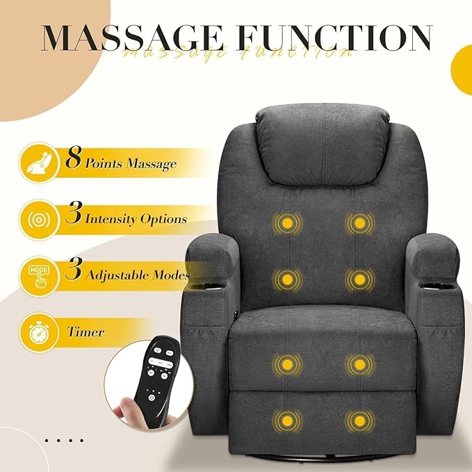 Recliner Chair 360° Swivel Rocker Chair for Adults Rocking Recliner Chair with Massage Comfy Single Sofa with Side Pockets Cup Holders for Living Room Bedroom Nursery (Fabric Dark Gray)