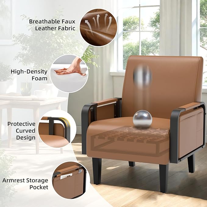 Modern Accent Chair Mid Century Living Room Armchair with Side Table &amp Wood LegsUpholstered Faux Leather Sofa Side Chairs for Reading OfficeBedroom(Brown)
