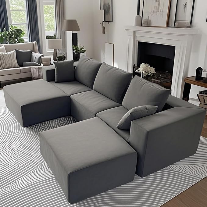 Cloud Sectional Couch 110 Inch Modern Modular Sectional U-Shaped Chenille Cloud Sofa with 2 Movable Ottomans Deep Seat Boneless Upholstered Couches for Living RoomNo Assembly RequiredGrey