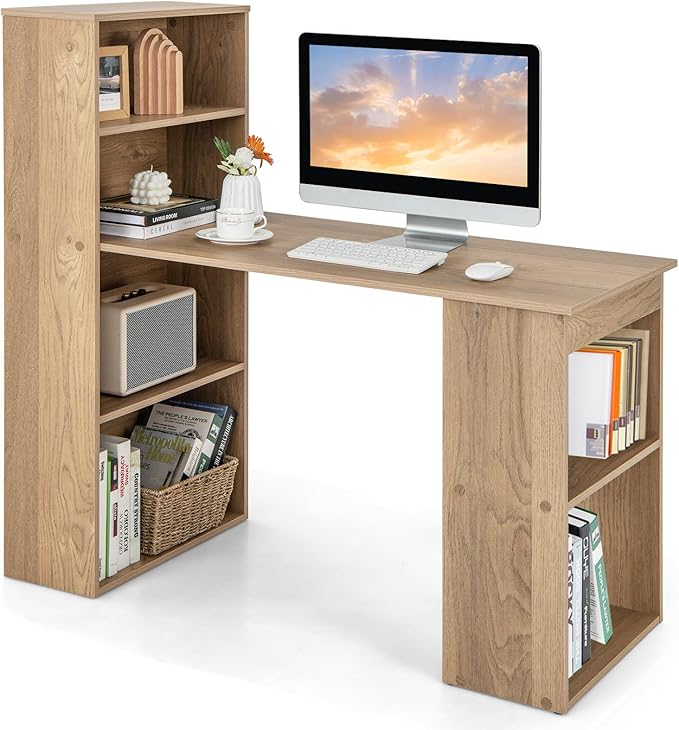 Giantex 48 Inch Computer Desk with Bookshelf 3-in-1 Home Office Desk with 4-Tier Bookcase &amp CPU Stand Space-Saving Reversible Writing Desk Work Table for Bedroom Study Room Office (Natural)