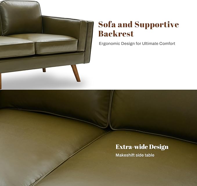Kingfun Living Room Furniture Sets 3 Seater Couch and Armchair Mid Century Modern Sofa Set Faux Leather Couch with Solid Wood Frame for Living Room &amp Bedroom Olive Green