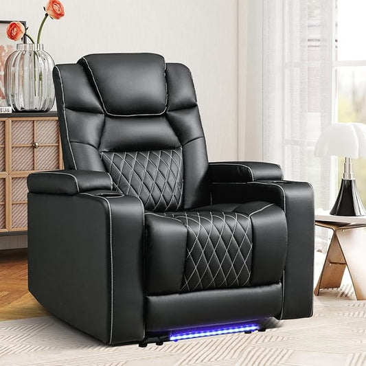 ANJ Power Recliner Chair with USB Port Electric PU Leather Home Theater Seating for Living Room Movie Reclining Chairs with Blue Ambient Lighting Hidden Arm Storage Cup Holders (Black)