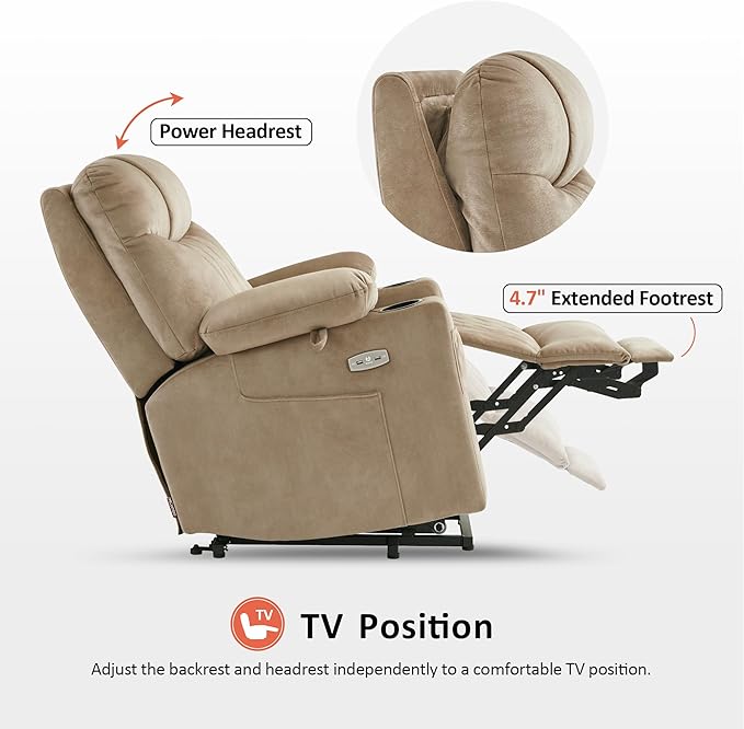 MCombo Small Size Triple Motor Power Lift Recliner Chair Sofa with Massage and Dual Heating Adjustable Headrest for Elderly People Petite USB Ports Extended Footrest Fabric 7222 (Beige)