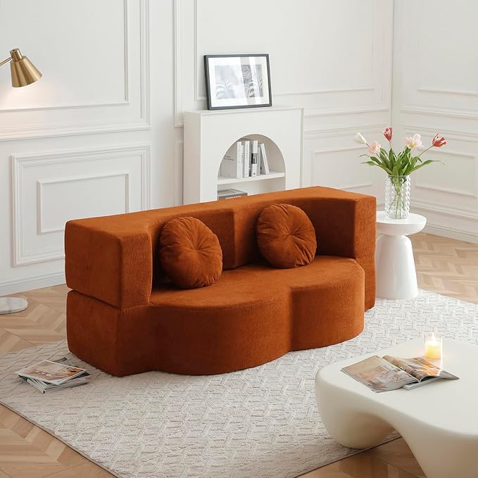 King Size Sofa Bed 76 Inch Convertible Futon Boneless Couch 2-in-1 Loveseat Sleeper Sofa with 2 Pillow Modern Velvet Fabric Floor Couch Bed for Living Room No Assembly Required (Orange)