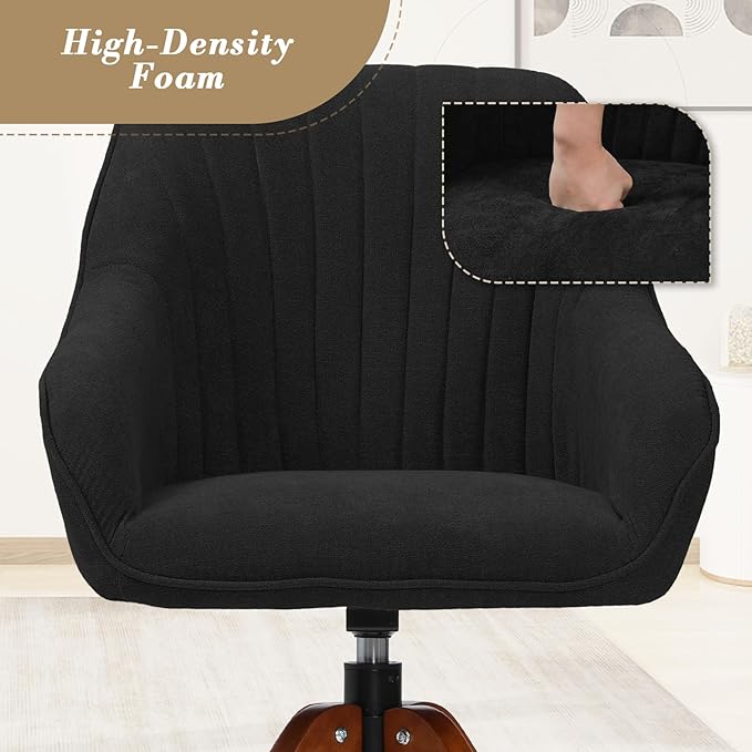 Athena Collection Swivel Modern Accent Chair Linen Upholstered Armchair Office Desk Chair No Wheels with Wooden Legs Comfy Vanity Chair Reading Chair for Bedroom Living Room Black