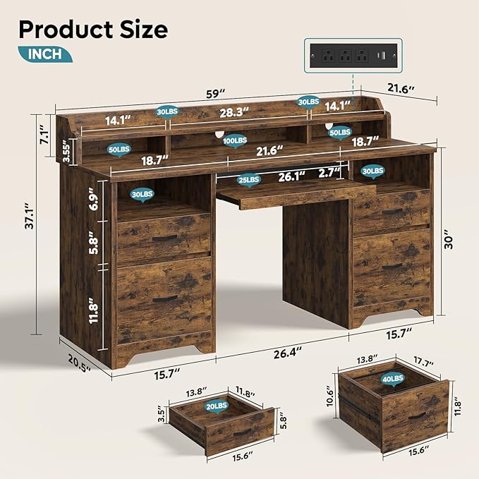 Bestier Farmhouse 59 Executive Desk with Drawers Wood Computer Desk with Charging Station Home Office Desk with Keyboard Tray &amp Monitor Stand Sturdy Pedestal Desk for Work Study Rustic Brown