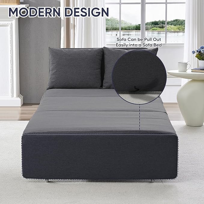ijuicy 3 in 1 Twin Sleeper Sofa with Pullout Bed Linen Pull Out Sofa Bed Convertible Loveseat Couch Beds with Pillows and Tri-fold Mattress for Small Space Apartment Dark Grey