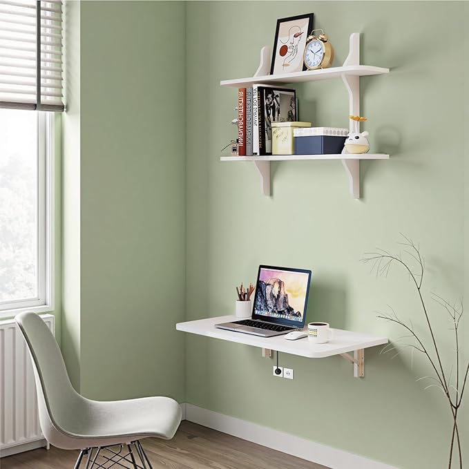 Pmnianhua Wall Mounted Folding Table 31'' Floating Laptop Desk with Shelves Foldable Drop Leaf Table Wall Mount Fold Down Table for Laundry Room Kitchen Bar Home Office Small Space(White)