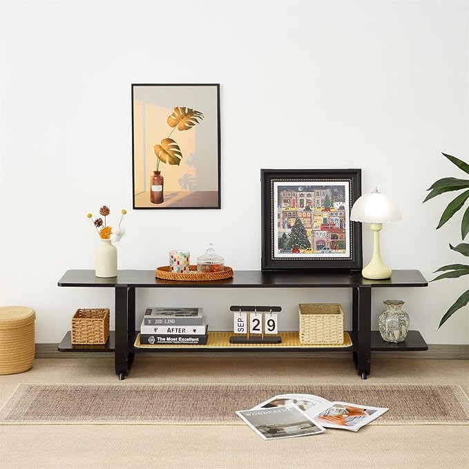 Bamboo TV Stand for TVs up to 65 Accent Entertainment Center with Storage Media Console Table with Shelf Modern TV Stand for Living Room Bedroom 54.3(L) Black