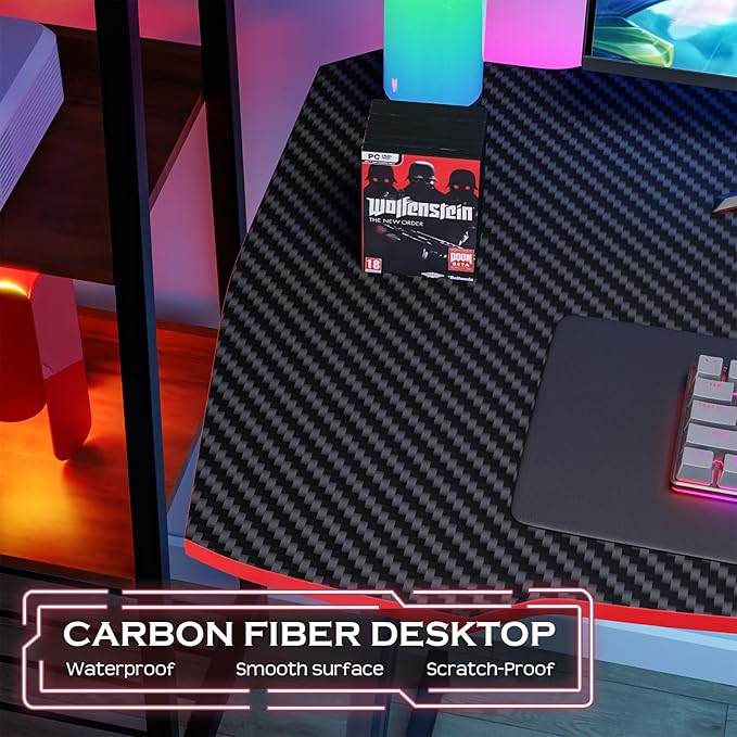 PayLessHere | 35 Gaming Table | Red | Z-Shaped Computer Desk with Steel Frame Headphone Hook Adjustable Feet | Carbon Fiber Texture Surface Sweat &amp Waterproof | for Gaming Home Office