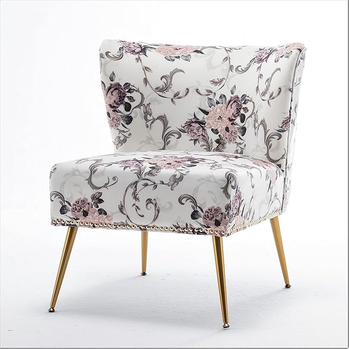 Thia Armless Accent Chair for Living Room Elegant Seat with Nailhead Trim Gold Metal Legs and Comfortable Curved Back 28 D x 25 W x 29.5 H 02 Floral Print