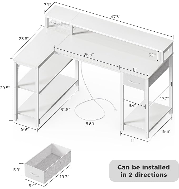SUPERJARE 47 inch Reversible L Shaped Desk with LED Lights &amp Power Outlets Computer Desk with Shelves &amp Monitor Stand Gaming Desk with Drawer Home Office Desk Corner Desk PU White Drawer