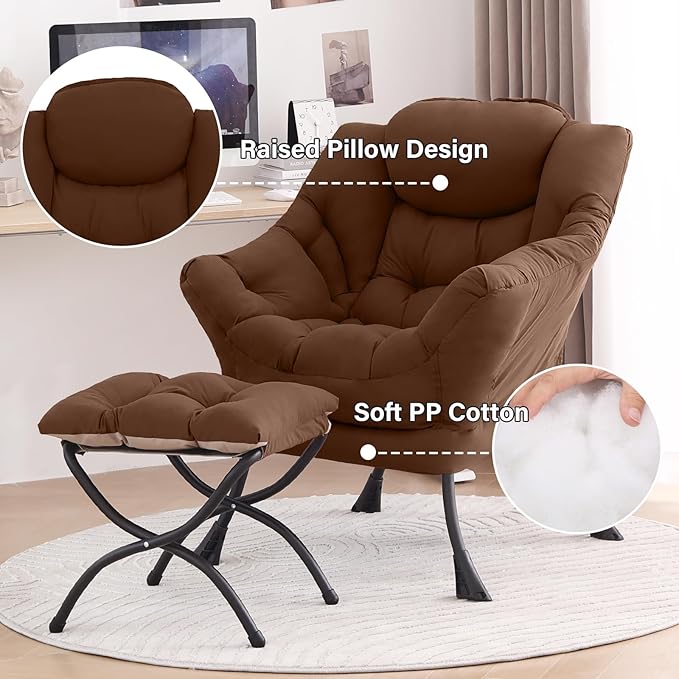 Tiita Lazy Chair with Ottoman Brown Modern Large Accent Chair Comfy Leisure Sofa Armchair with Ottoman Reading Chair with Footrest for Bedroom Living Room Dorm Rooms Brown