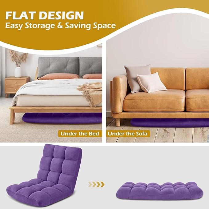 Folding Floor Gaming Chair Adjustable 14-Position Backrest 6-Inch Thick Flannel and Skin-Friendly Cotton Sponge Breathable Ideal for Gaming Meditating Sleeping Purple