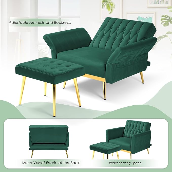 Velvet Accent Chair with Adjustable Backrest and Armrests Single Recliner Armchair with Ottoman and Golden Mental Legs for Living Room Bedroom and Waiting Room Green