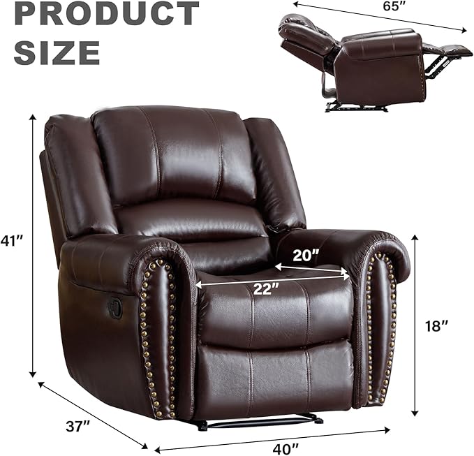 INZOY Leather Recliner Chair Heavy Duty Manual Reclining Sofa Single Lounge Sofa for Living Room Home Theater Seating Brown