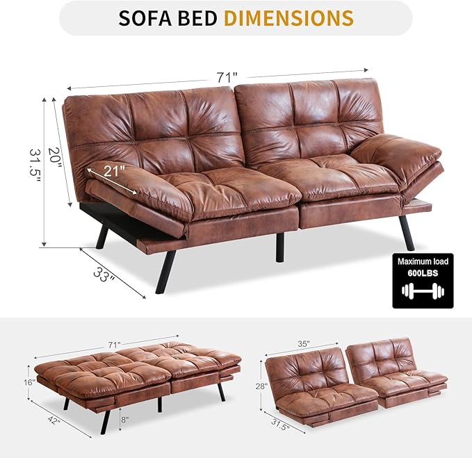 MUUEGM Faux Leather Futon Bed Convertible Memory Foam Sofa Bed Modern Love Seat for Living RoomCompact SpaceApartmentOfficeAdjustable Backrests Armrests Couch Sleeper71 Sofas Brown