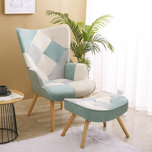 Accent Chair with Ottoman Living Room Chair and Ottoman Set Comfy Side Armchair for Bedroom Creative Splicing Cloth Surface Blue
