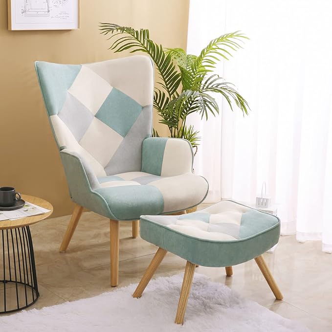 Accent Chair with Ottoman Living Room Chair and Ottoman Set Comfy Side Armchair for Bedroom Creative Splicing Cloth Surface Blue