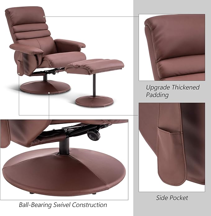 MCombo Recliner Chair with Ottoman Swivel Living Room Chairs Faux Leather Reclining Chair with Massage 7902 (Light Brown)