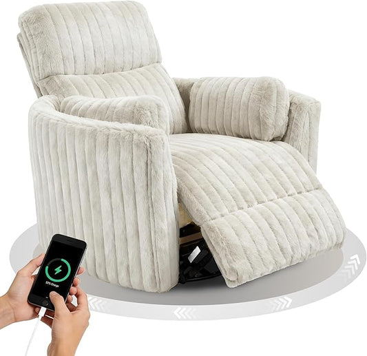leovanni Power Swivel Rocker Recliner with 2 Pillows USB &amp Type-C Charge Chenille Upholstered Nursery Glider Rocking Chair Corduroy Recliner Chair for Bedroom Living Room White