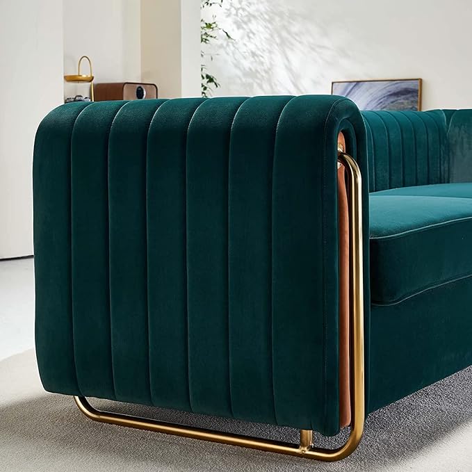 KEVINSPACE 84.25 Modern Sofa Couch Velvet Loveseat Sectional Sofa Couch with Gold Legs for 3-4 Persons Upholstered Deep Seat Love Seat Mid-Century Sofa for Living Room Office Apartment Green