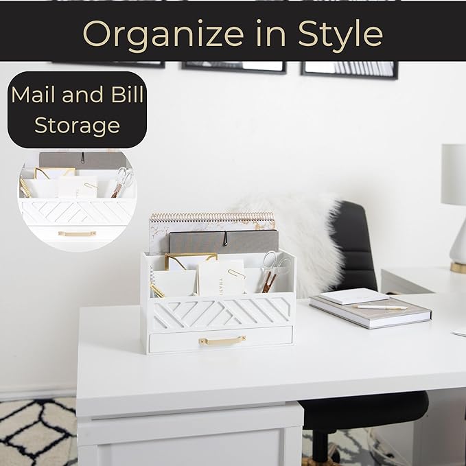 BLU MONACO | White Wooden Mail Organizer with Drawer &amp Gold Handle | Mail Sorter Organizer Countertop | Tabletop Organizer with Drawers &amp Outgoing Mail Holder