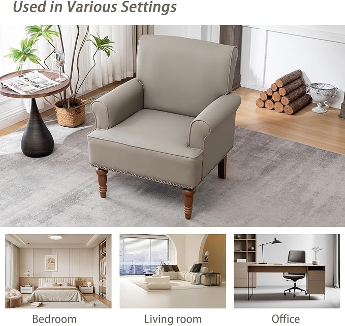 HOMEFLEX Accent Chair Faux Leather Living Room Chairs with Nailhead Trim Mid-Century Lounge Armchair with Solid Wood Legs Comfy Reading Single Sofa for Bedroom Waiting Room (Grey 1 Chair)