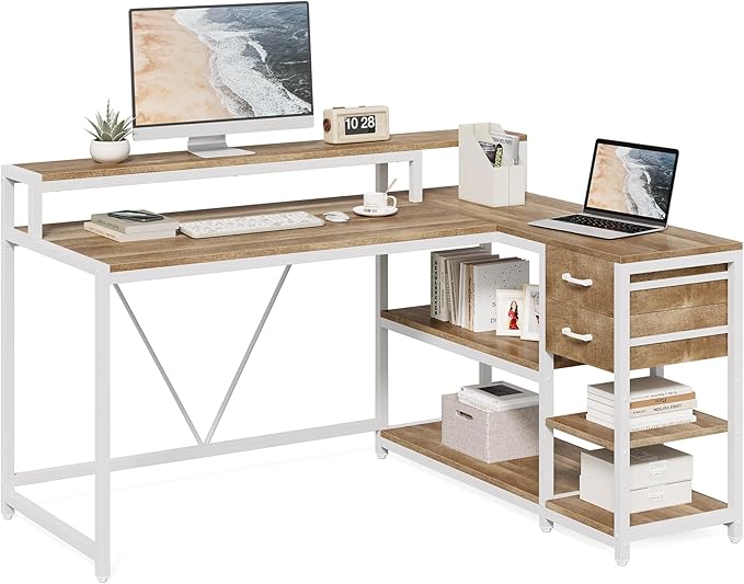LITTLE TREE 55-Inch L-Shaped Computer Desk Reversible Computer Desk with Drawers and Storage Shelves Corner Desk Gaming Desk Work Desk for Home Office Walnut
