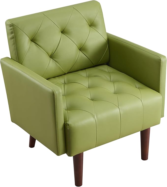 Accent Chairs Leather Accent Chair Modern Upholstered Living Room Chair Cozy Armchair Button Tufted Back and Wood Legs for Bedroom Office Cafe (Green)