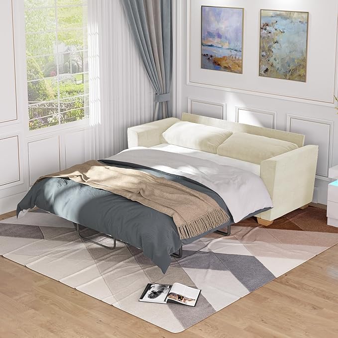 BALUS Velvet Full Size Pull Out Sofa Bed 71 W 2-in-1 Convertible Sleeper Sofa Pullout Couch Bed with Memory Foam Pillows and Mattress for Living Room Furniture Office Apartment Small Space Beige
