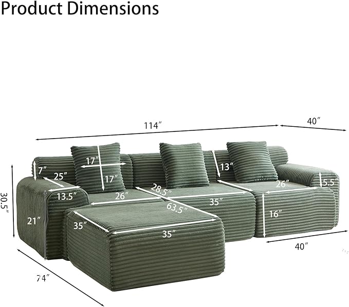 114-inch Oversized Modular Sectional Sofa Fluffy Boneless Compressed Memory Foam Corduroy Couch Comfy Modern L Shaped Couches with Ottoman &amp Pillows for Living Room Apartment Bedroom Green