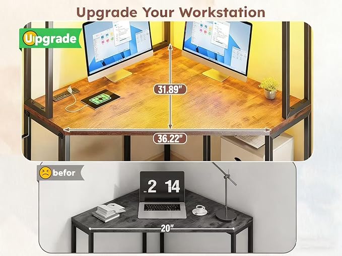 Corner Desk 35.4 W x 63 H Office Desk and Small Gaming Desk with Hutch &amp LED Lights Computer Desk with Drawers for Storage &amp Shelves and Hook for Small Space Rustic Brown