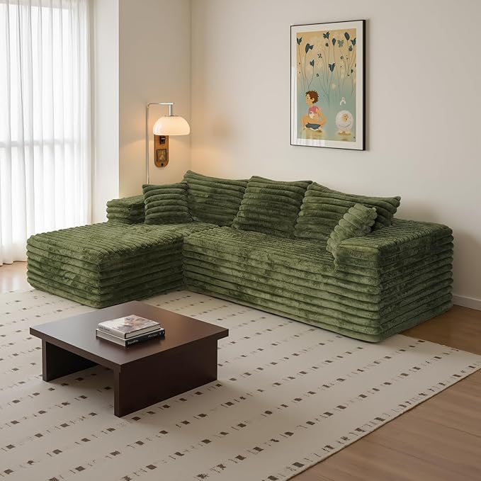 103” Boneless Couch with Chaise Deep Seat Comfy Cloud Modular Sofa Corduroy Memory Foam Sectional Couches for Living Room Bedroom No Assembly Required