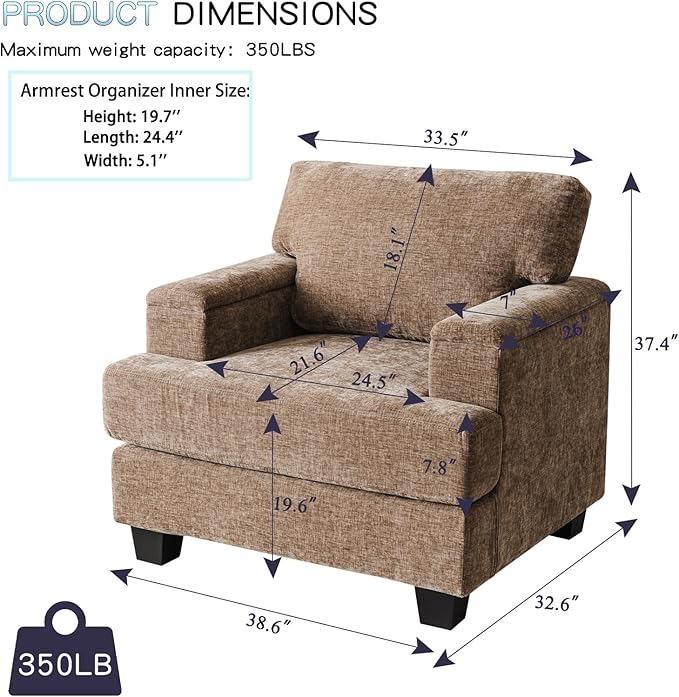 Oversized Accent Chair with Armrest OrganizerLiving Room Chairs with 7.8'' CushionUpholstered Modern ArmchairBig Reading ChairComfy Sofa Chair for BedroomBrown