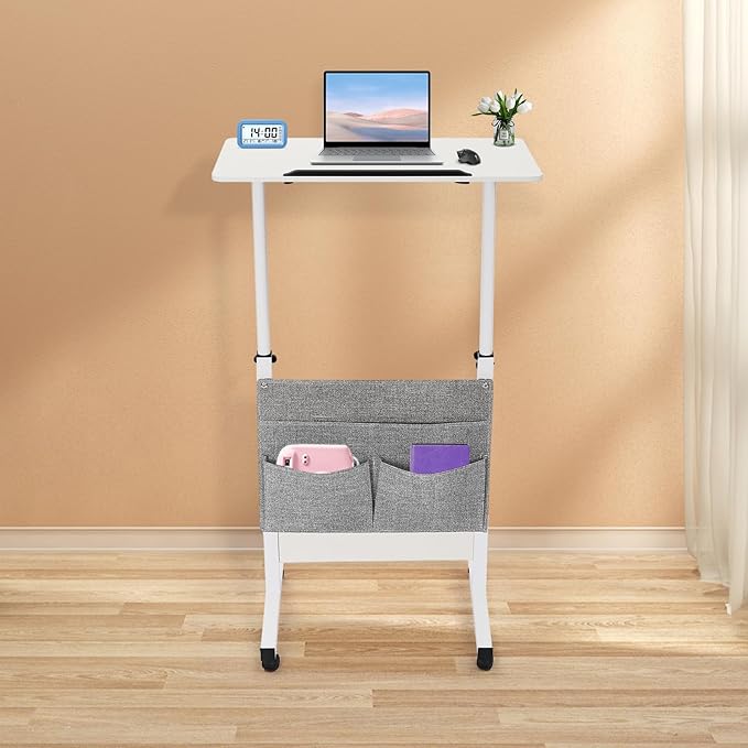 Standing Desk Adjustable Height Portable Standing Desk with Storage Bag 16 × 24 Inch Rolling Mobile Stand Up Table with Wheels 360°Flip Laptop Stand Table for Living Room Bedroom Study Office