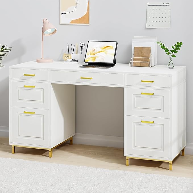White and Gold Desk with 2 File Drawers 57 Inch Office Computer Desk with 7 Drawers White Desk with Storage Wooden Executive Desk for Office Workspace for Work Study Writing