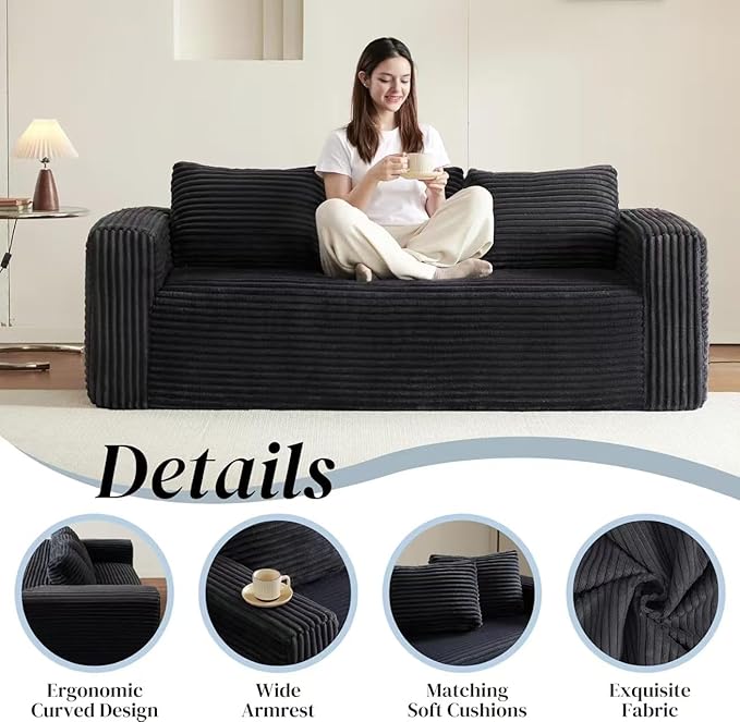 Cloud Sofa Couch in a Box Small Boneless Couch for Living Room Compressed Cloud Boneless Sofa with Memory Foam Modern Corduroy Loveseat 3 Seater Black