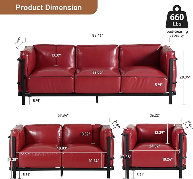 Minimalist Style 3 Seater Sofa Mid-Century Modern Faux Leather Sofa Couch with Fixed-Shape Iron Frame Upholstered Couch Chair for Living Room Office Apartment (Burgundy 3 Seater Sofa)