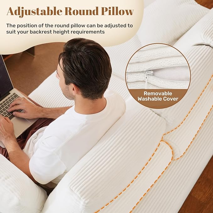 91.7 Boneless Sofa Couch with Layered Cushion3 Seater Cloud Couch with Deep SeatUpholstered Corduroy Floor Sofa with Removable Cover &ampThrow Pillows for Living RoomNo Assembly Beige