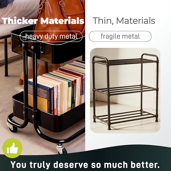 2 Tier Cart with Wheels Heavy Duty Metal Rolling Storage Cart for Under Desk Storage Short Small Utility Shelf for Pantry Kitchen Bathroom Laundry Home Organizer with Large Basket Black