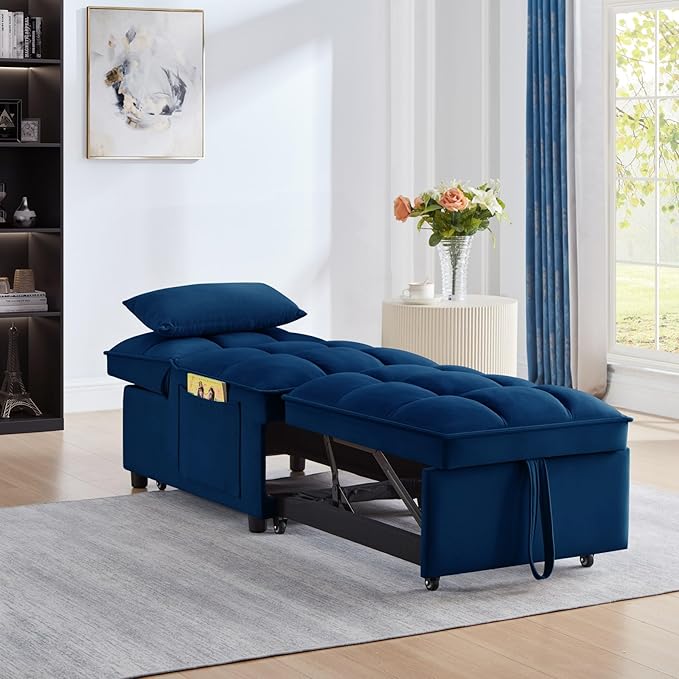 KEIKI Velvet Single Convertible Sleeper Chair Sofa Bed with Adjustable Backrest Pillows &amp Storage Pockets 3 in 1 Pull-Out Couch Chaise Lounge Recliner for Living Room Balcony Bedroom Navy