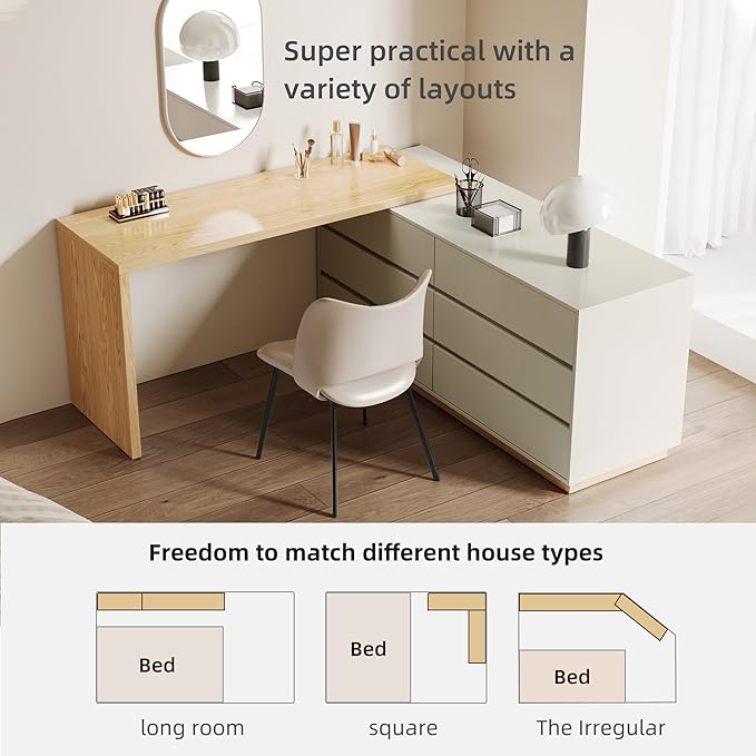 Mid - Century Modern Stretchable L-Shaped Desk with Drawers 56 to 98.5 Extendable Writing Desk with Storage for Home Office Bedroom &amp Living Room Beige
