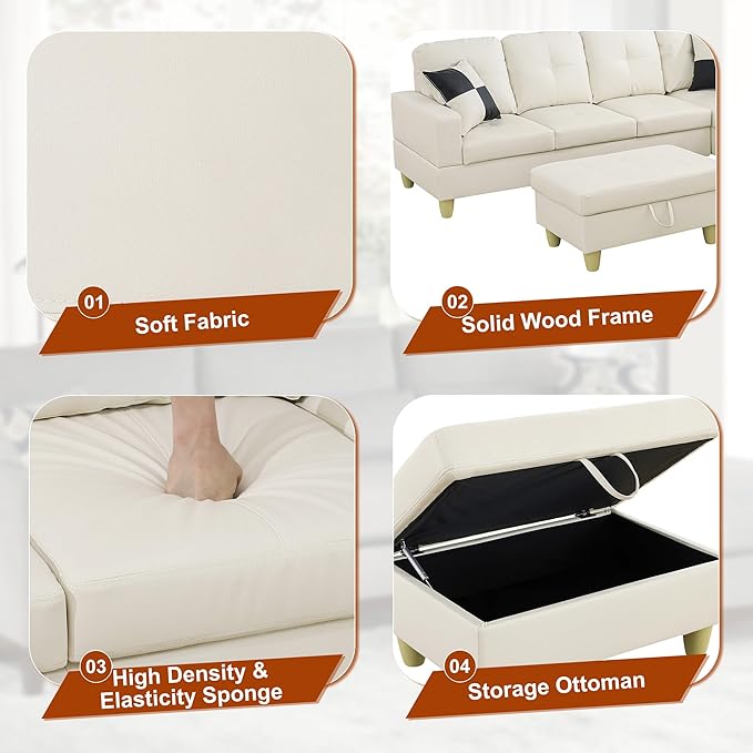 L Shaped Couch Faux Leather Sectional Couch Upholstered 3 Pieces Sofas for Living Room with Chaise Ottoman with Storage for Office and Small Apartment White