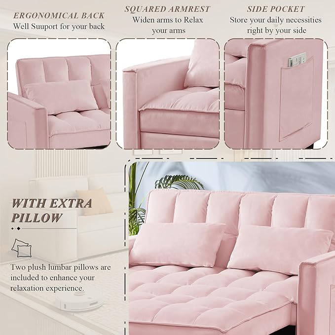 3 in 1 Convertible Sleeper Sofa Bed Futon Couches for Living Room with Side Pocket/Adjustable Backrest Velvet Upholstered Pull Out Couch Small Loveseat Sofa Bed for Bedroom Office Small Spaces